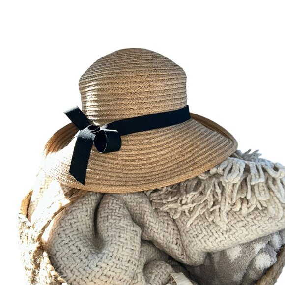 Annabel Ingall Australia Squishable Packable straw hat black silk ribbon… - Picture 1 of 5